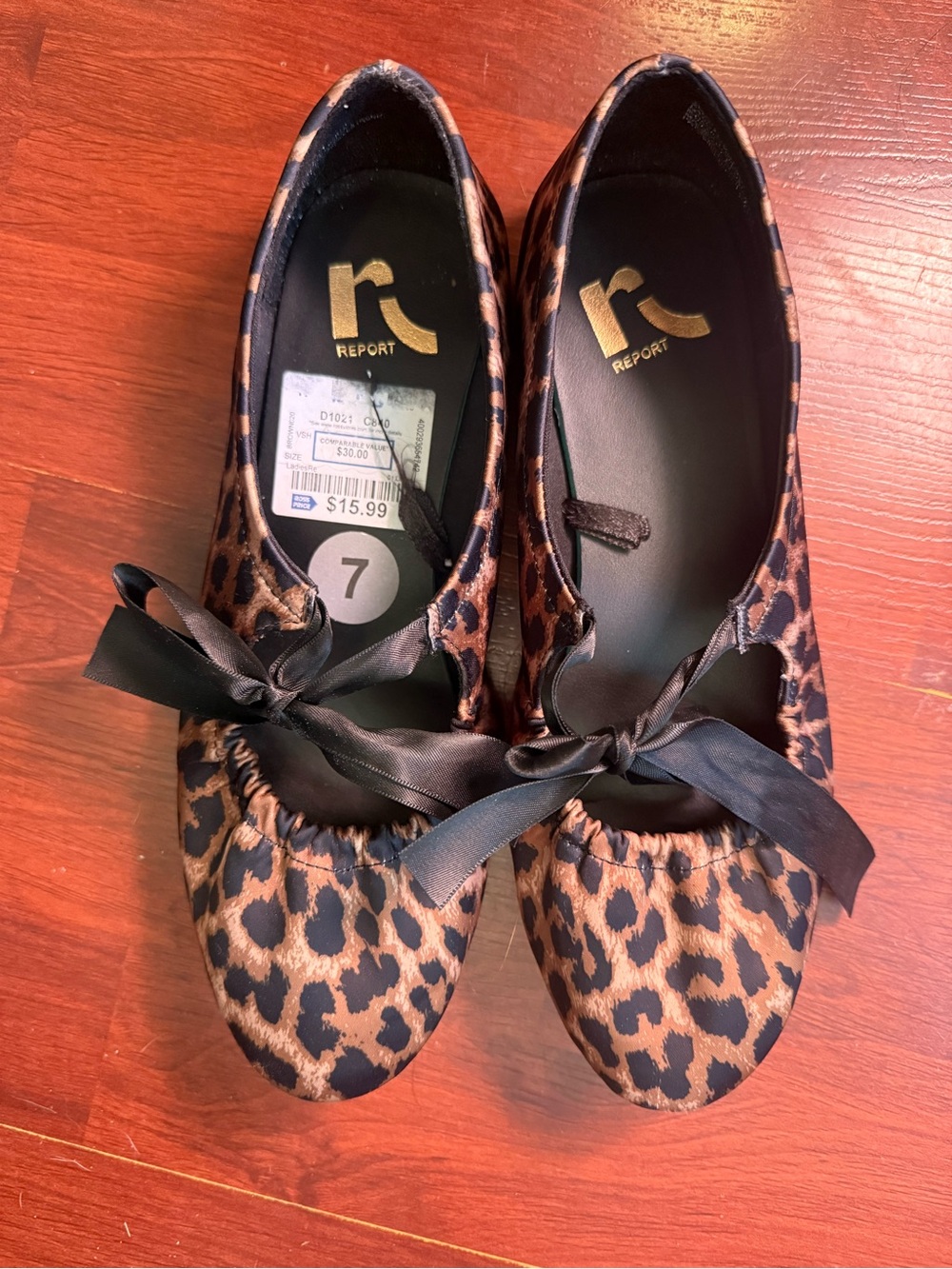 Report Leopard-Print Ballet Flats with Black Ribbon